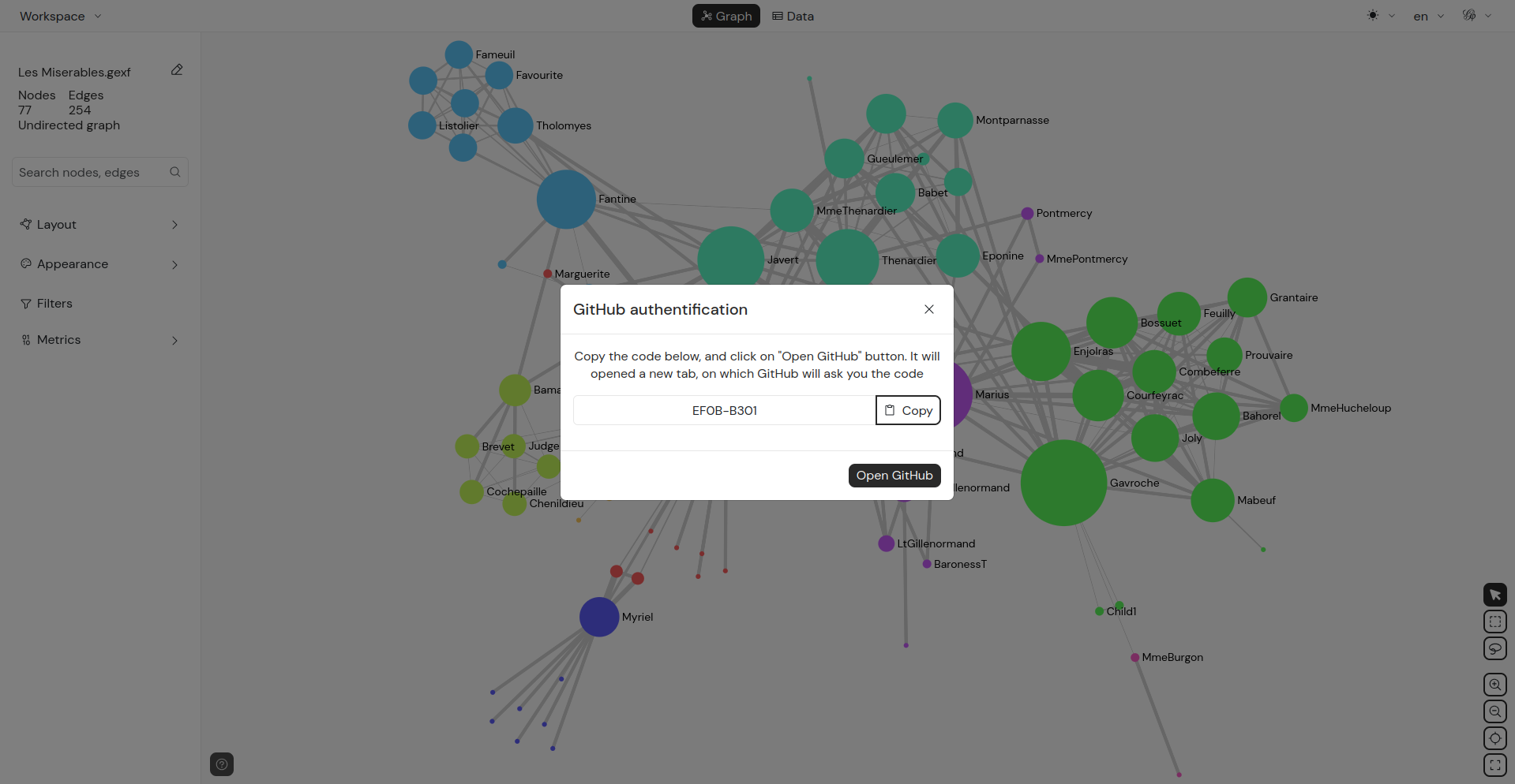 Gephi Lite modal for GitHub authentication