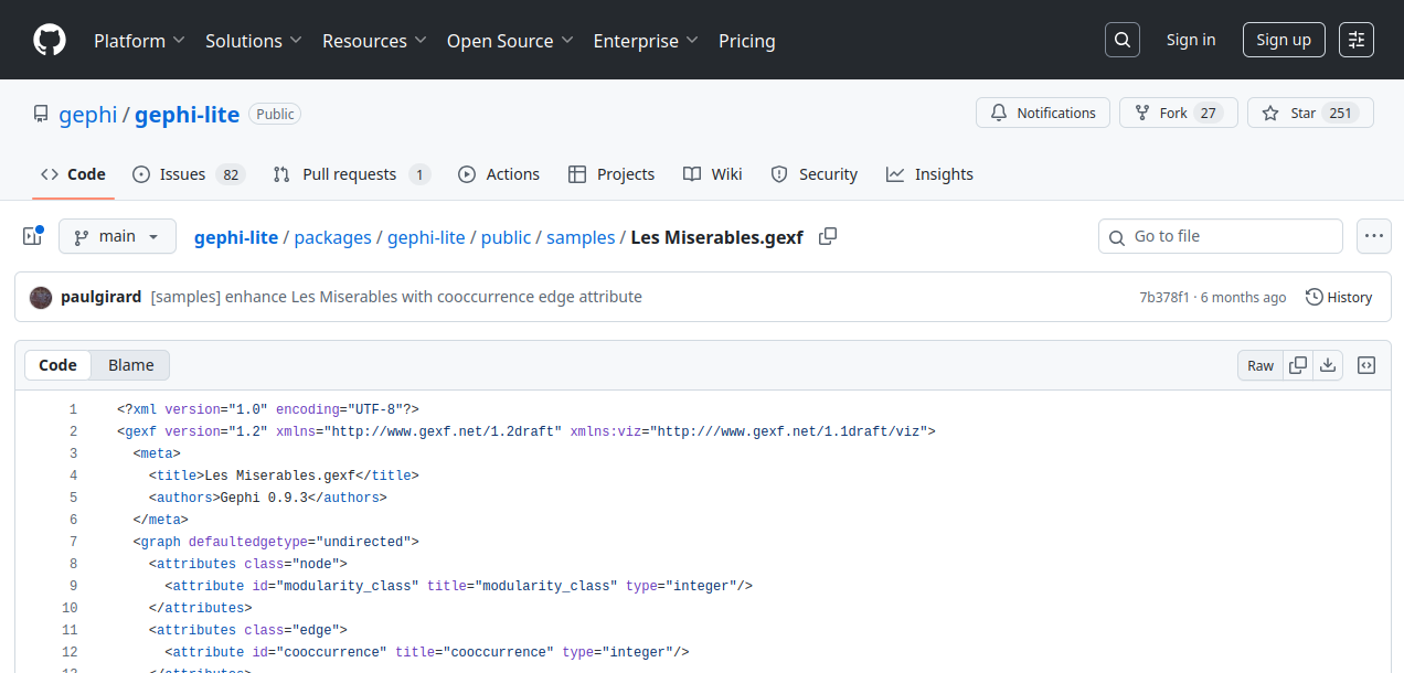 Github screenshot of Les Miserables.gexf file