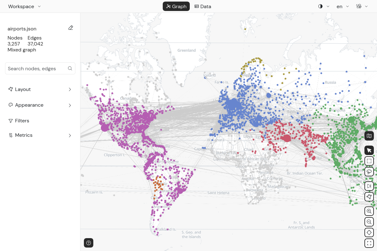 Airports network placed on a world map in Gephi Lite